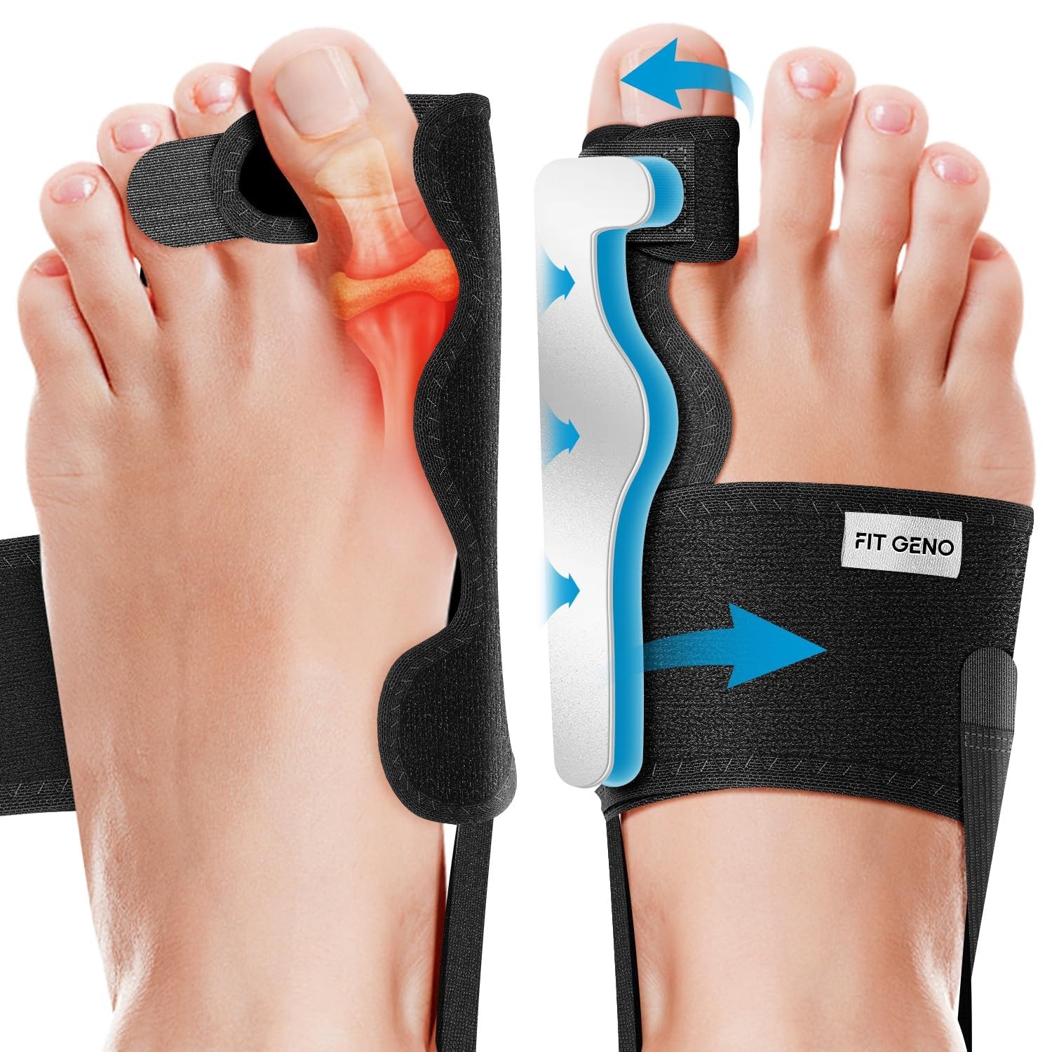 Fit Geno Bunion Corrector Women & Men Big Toe – Adjustable One Size, Black