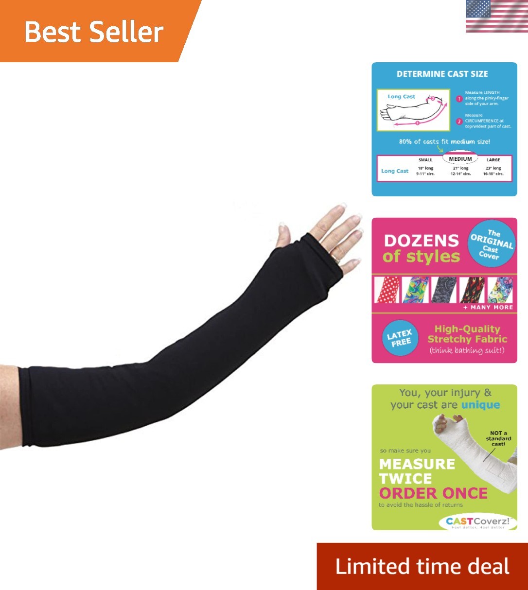 Unisex Large Black Arm Cast Cover – 23″ Length X 16″ Circumference – Washable