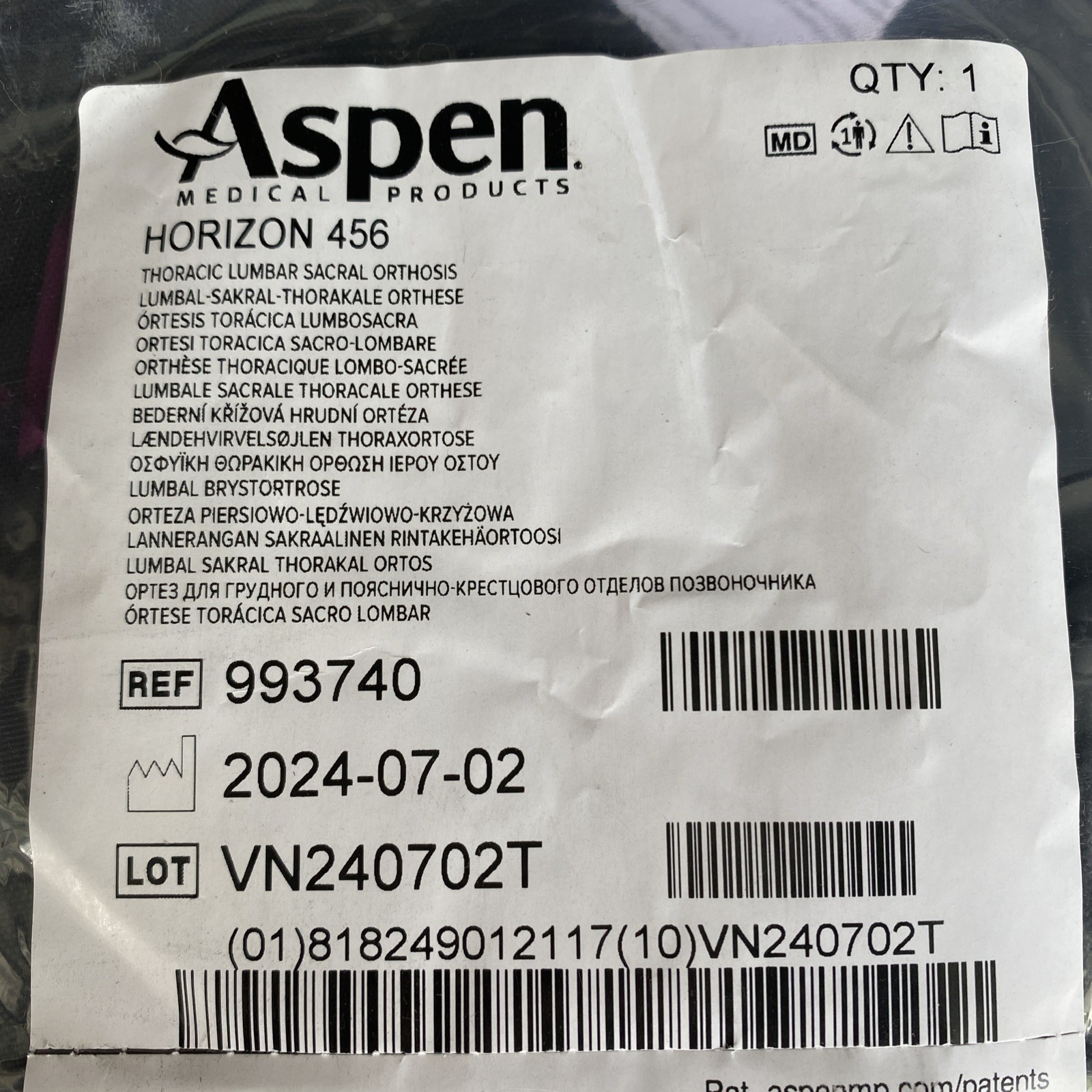 Aspen Horizon 456 TLSO Adjustable Back Brace (993740) Brand New