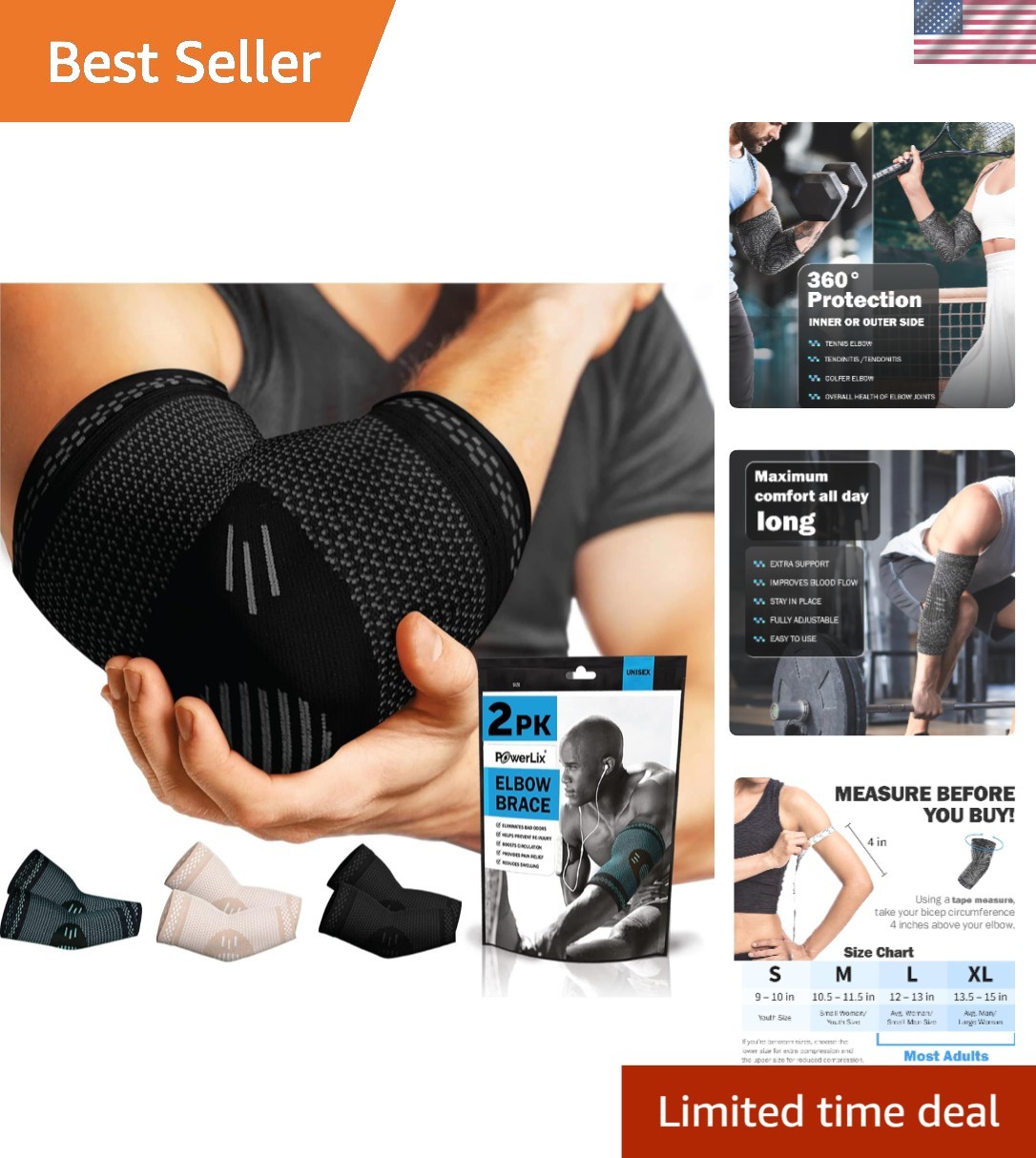 Pain Relief Elbow Compression Braces – Durable 2-Pack for Active Lifestyles – L