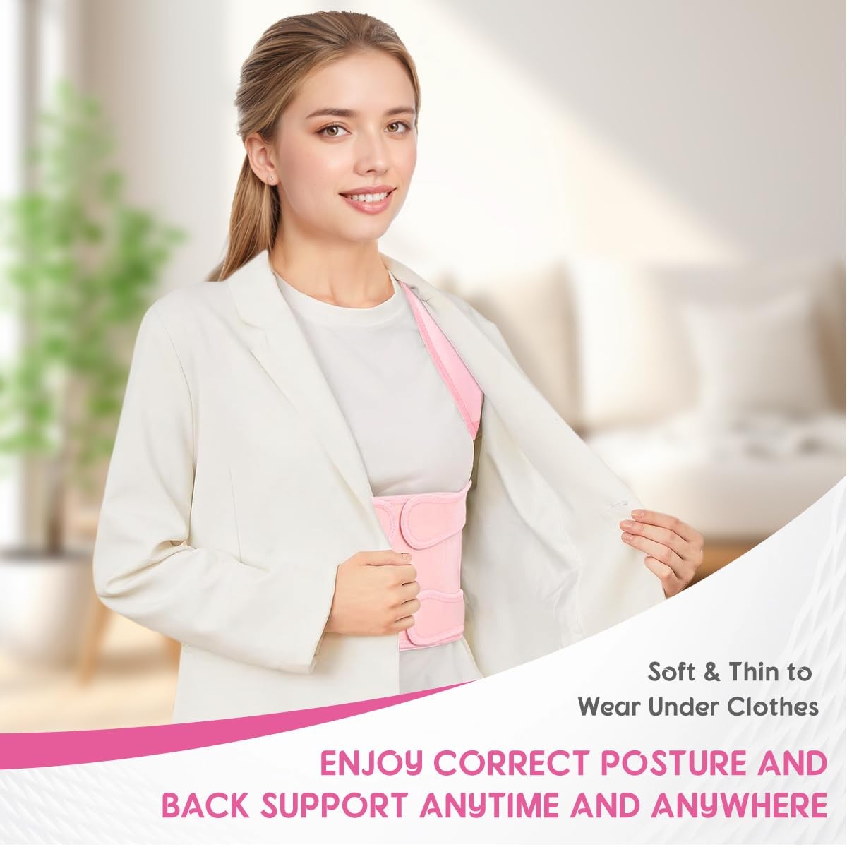 Posture Corrector for Women and Men,Adjustable Full Back Brace Medium, Pink