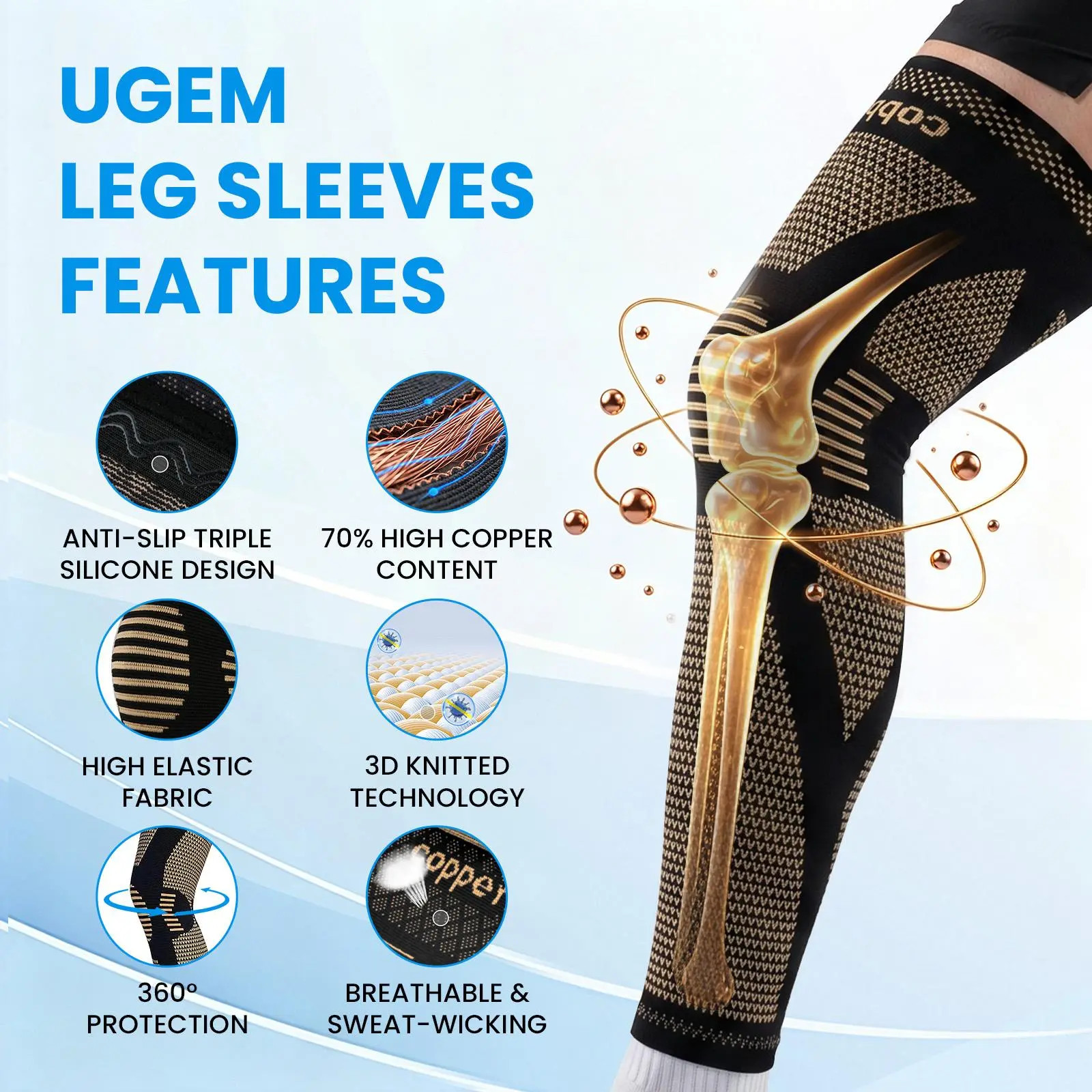 Copper Fiber Full Leg Compression Sleeves, 20-30Mmhg Graduated Support with 4-Wa