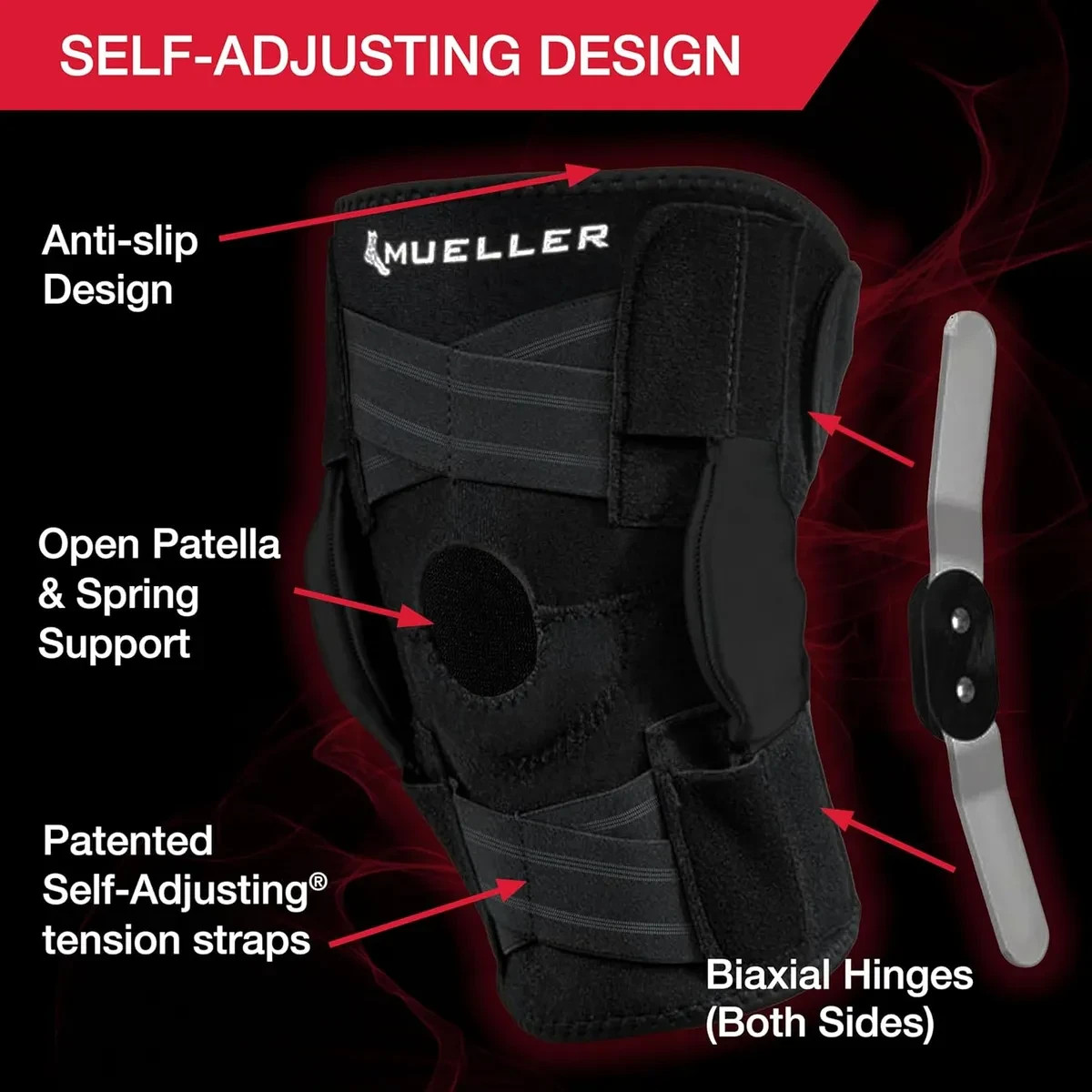 Hinged Knee Brace, Mueller, Self-Adjusting, Unisex, One size, Black New