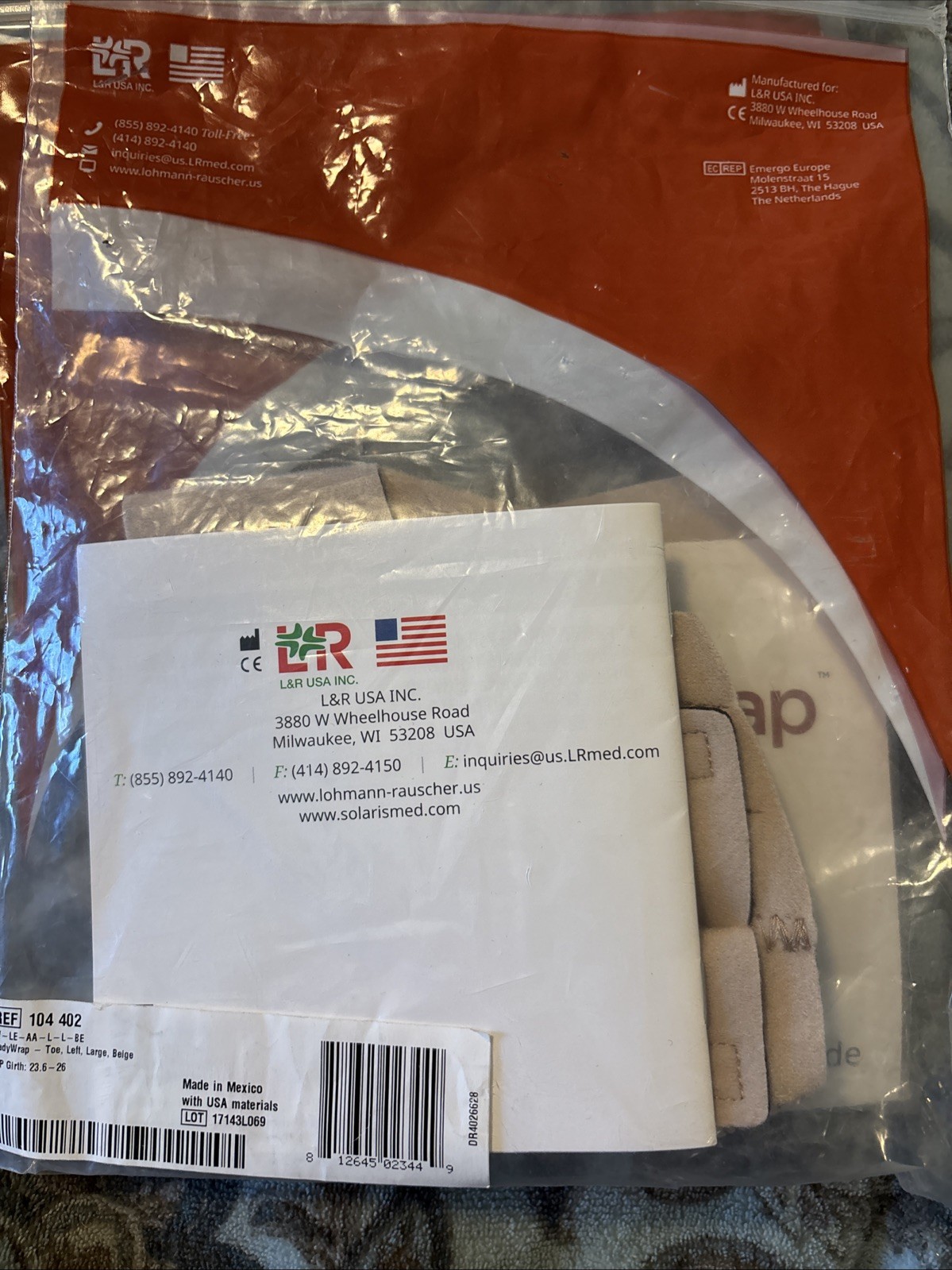 L&R Ready Wrap Toe Garment, Left Large, Beige NEW