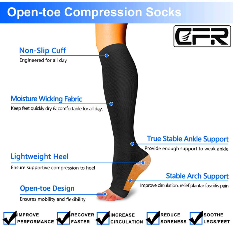 Pair Open Toe Zipper Compression Socks Calf Knee High Graduated Support Stock