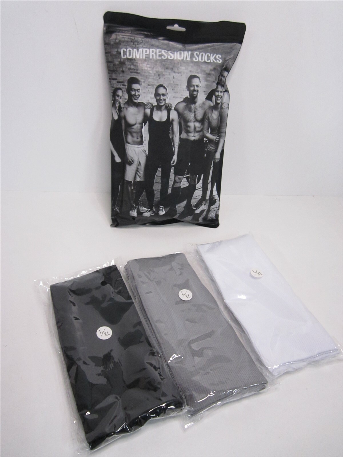 Compression Socks, Black, White, Grey, Size 9-Large / XLarge – “Pack of 3”
