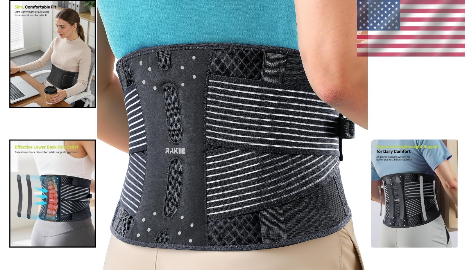 Lightweight Breathable Back Support Brace for Pain Relief – Size M, Light Gray