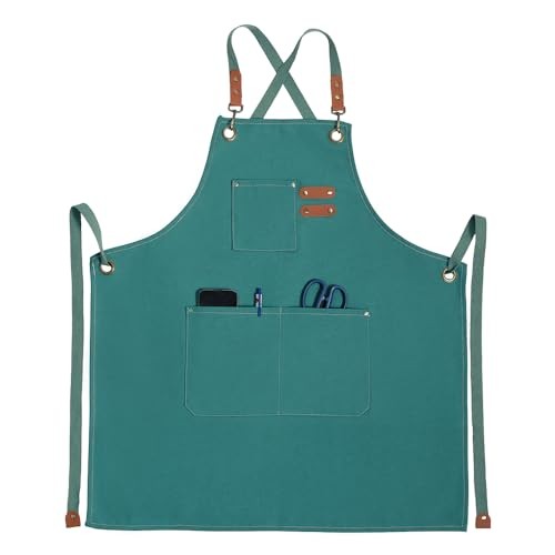 Chef Apron for Women Men with Pockets, Cotton Canvas Cross Back Lake Blue