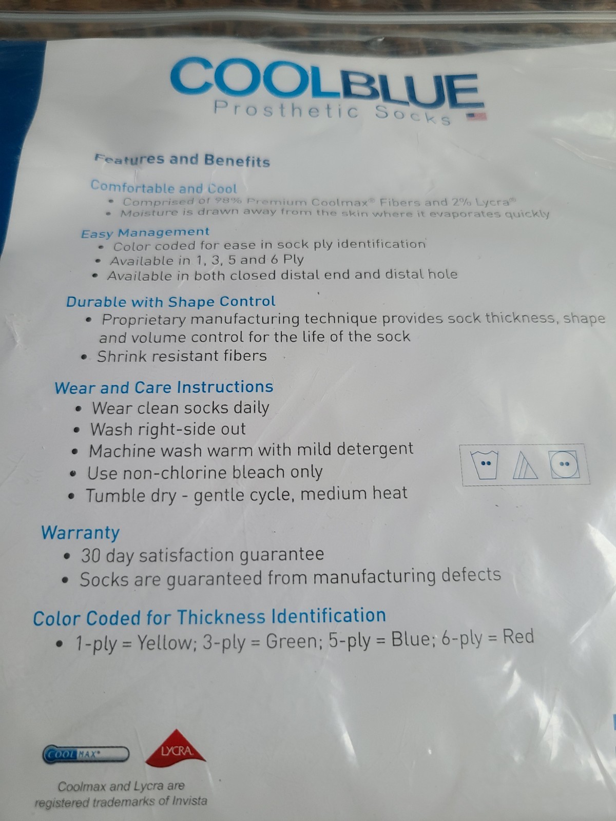 Cool Blue 5 Ply Prosthetic Sock Distal Hole Size 1-2 16-20″ USA Made New