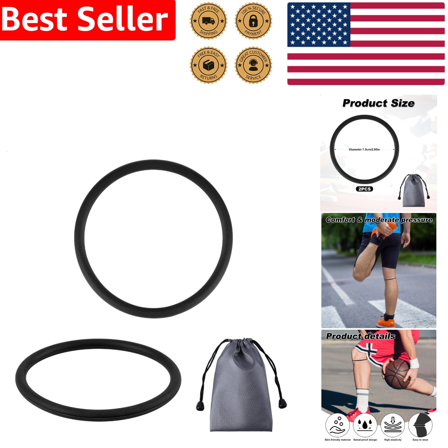 2 Pack Patellar Tendon Strap Knee Brace Black Silicone for Sports Hiking Running