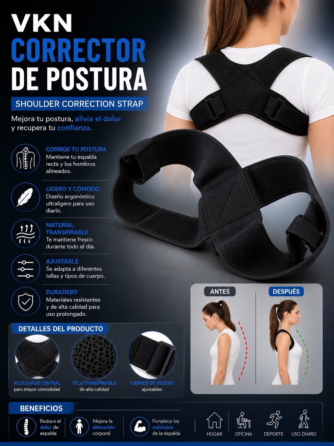 VKN Shoulder Correction Strap Posture Corrector Adjustable Back Brace Black OS