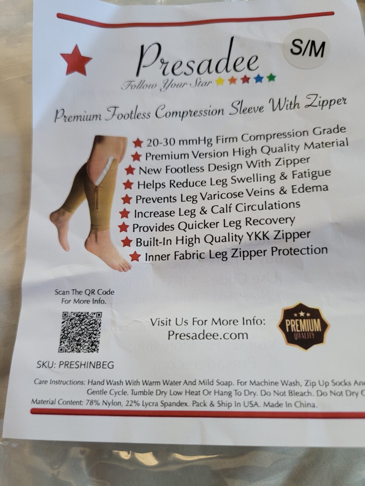 Presadee Compression Zipper Footless Large Calf Original New Pkg S-M Beige