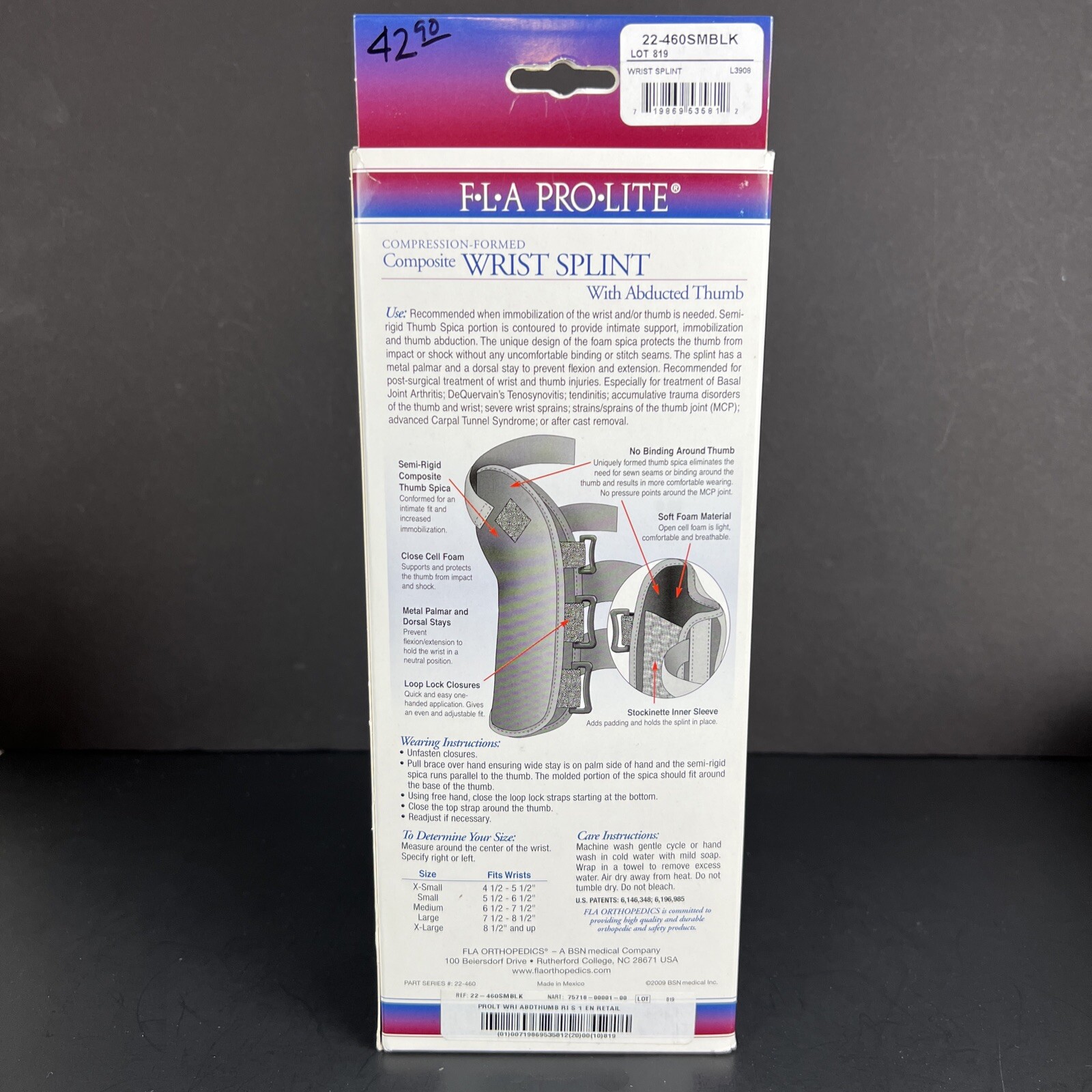 FLA Compression Wrist Splint Formed Composite w/ Abducted Thumb, Sm, Right, New