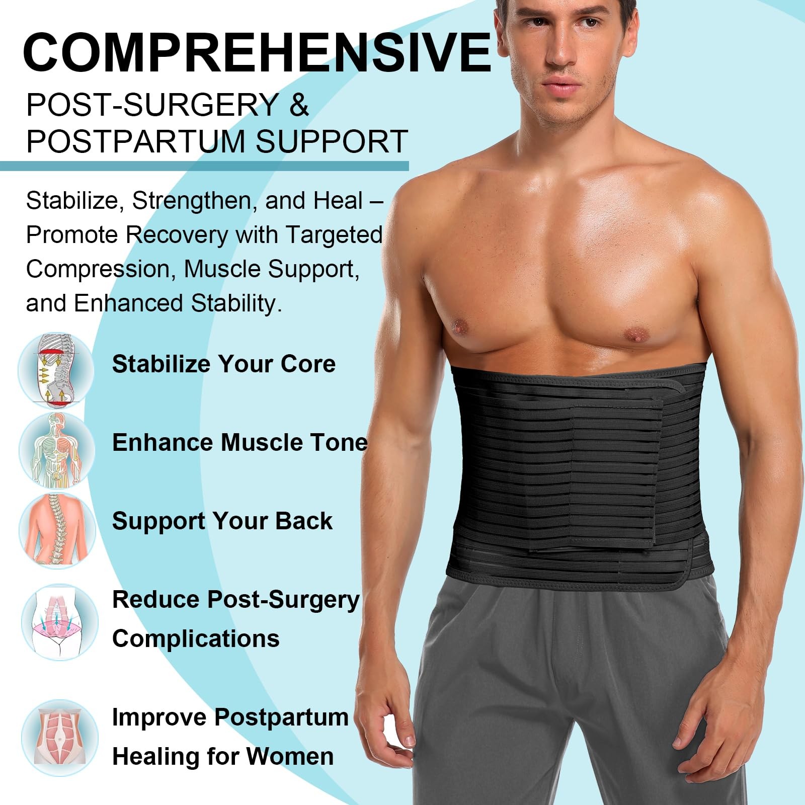 Abdominal Binder for Men & Women – Post Surgery Belly Band Adjustable Compres…