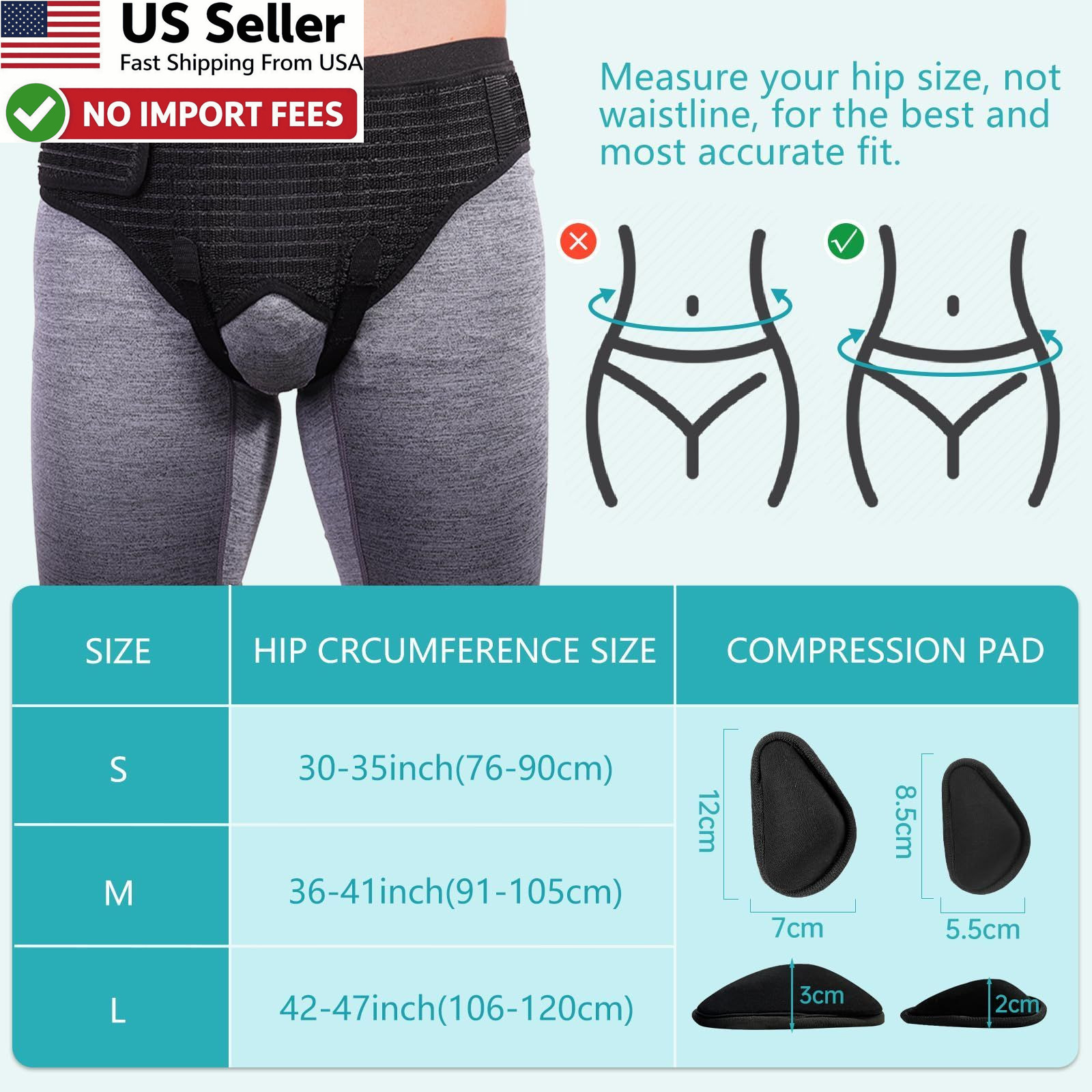 Inguinal Hernia Support Belt Adjustable Compression Pads Black M FROM USA