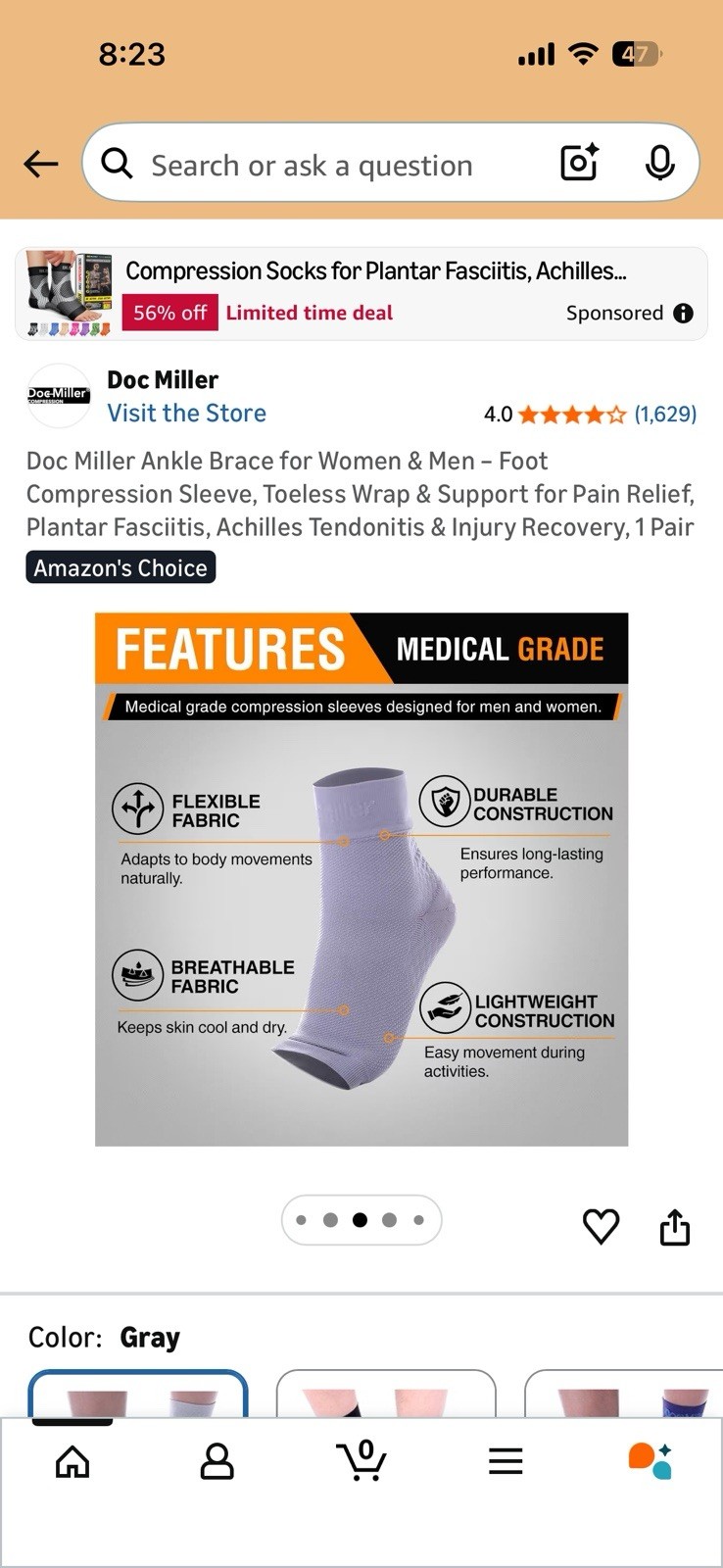 Doc-miller Ankle Compression Sleeve Gray L 1 Pair