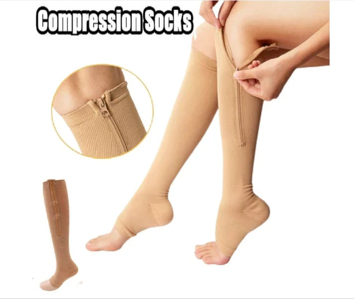 Zipper Open Toe Compression Socks 20-30mmHg Calf Leg Ankle Support Stocking sz S