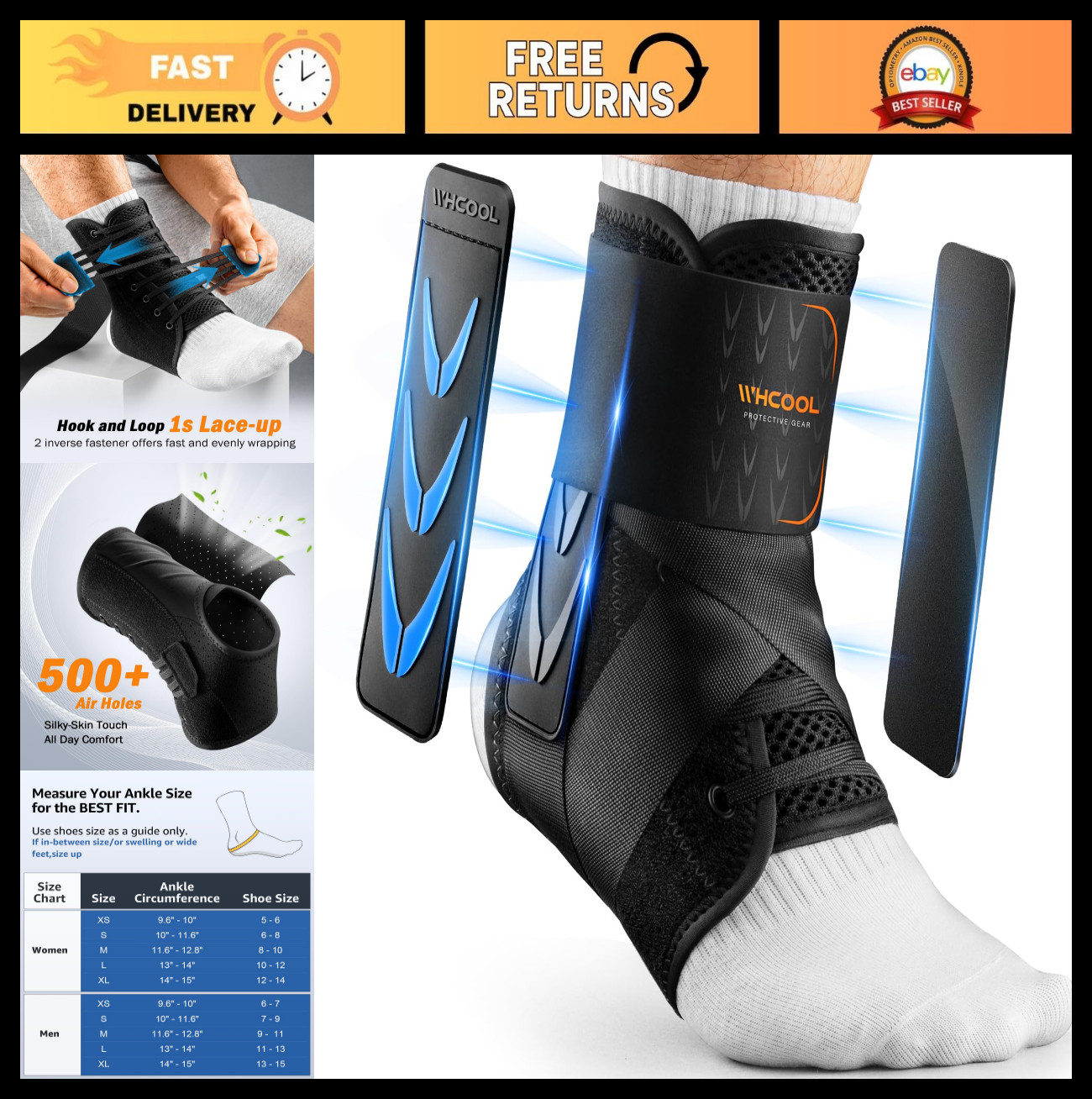 Slim-Fit Ankle Brace Support for Sprains, Quick Lace-Up Stabilizer for Men & Wom