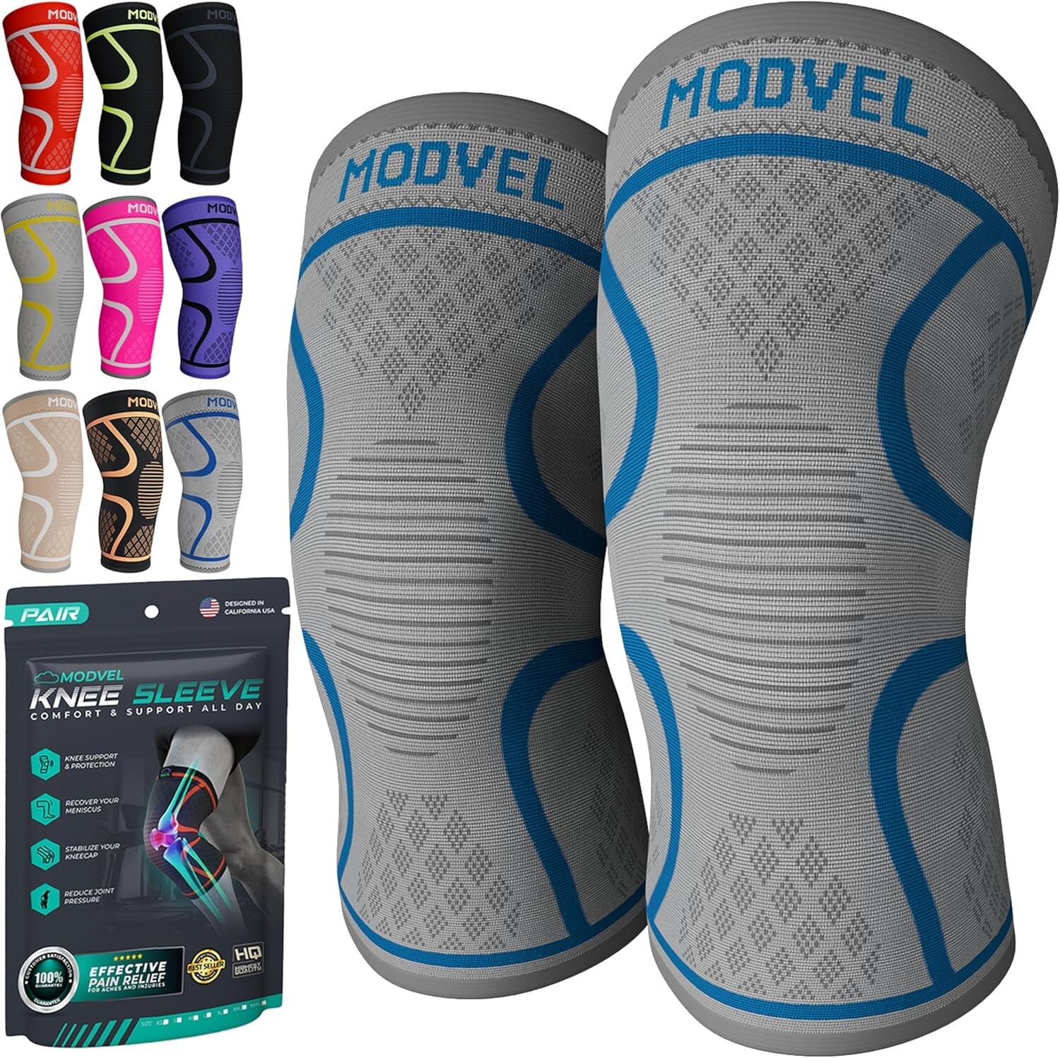 KNEE BRACE 2 Pack Modvel Workout Compression Sleeve, Unisex Medium, choose color