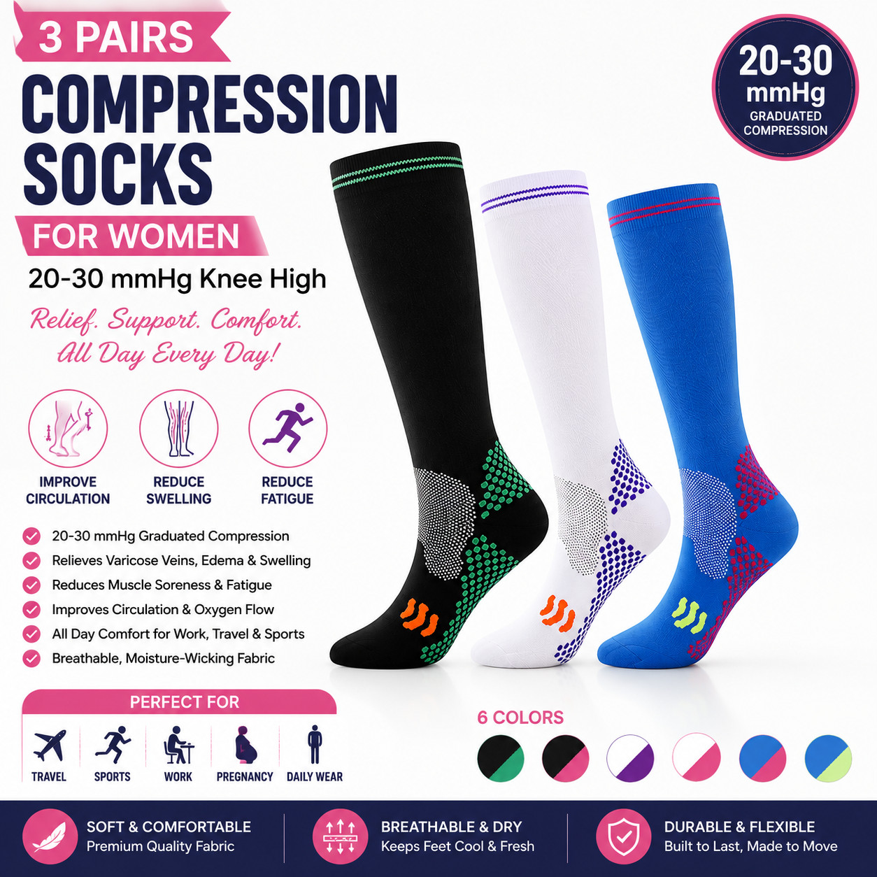 Compression Socks Stockings Womens Mens Knee High Medical 20-30 mmHG (3 Pairs)