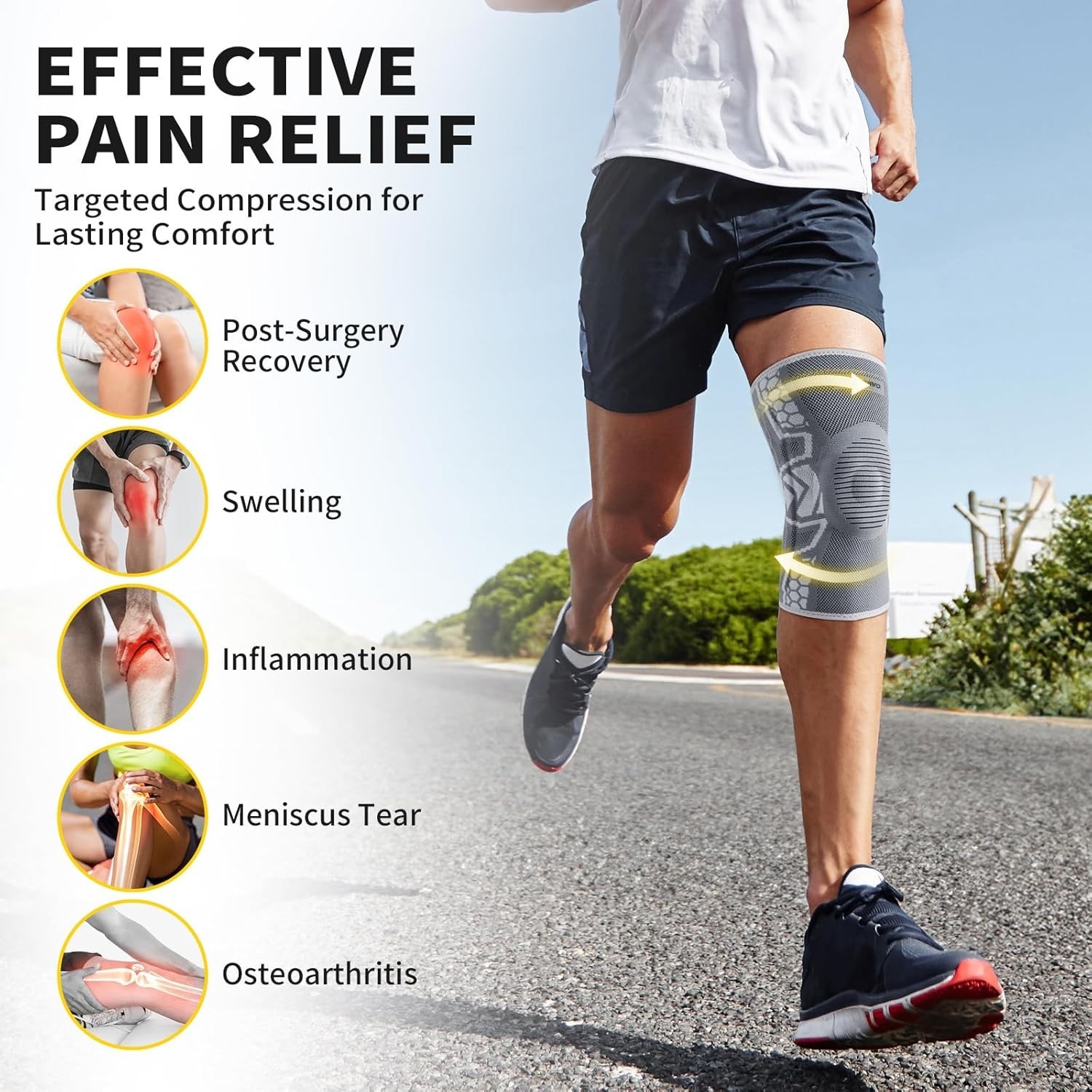 Knee Support Sleeves with Gel Pad & Stabilizers for Running & Daily Use – 2 Pack