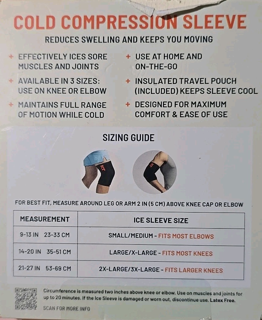 KT Health Ice Sleeve Cold Compression Wrap S/M – Knee or Elbow Gel Sleeve