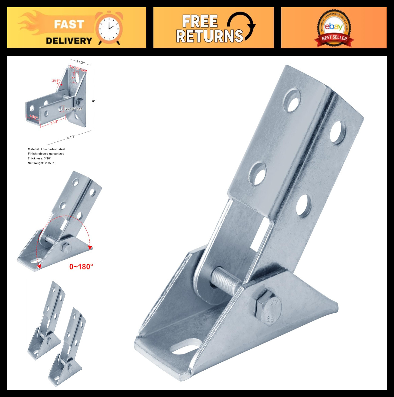 Adjustable Strut Channel Bracket Fitting 2 Pcs, 1-5/8″ Hinged Base, 3/16″ Thick