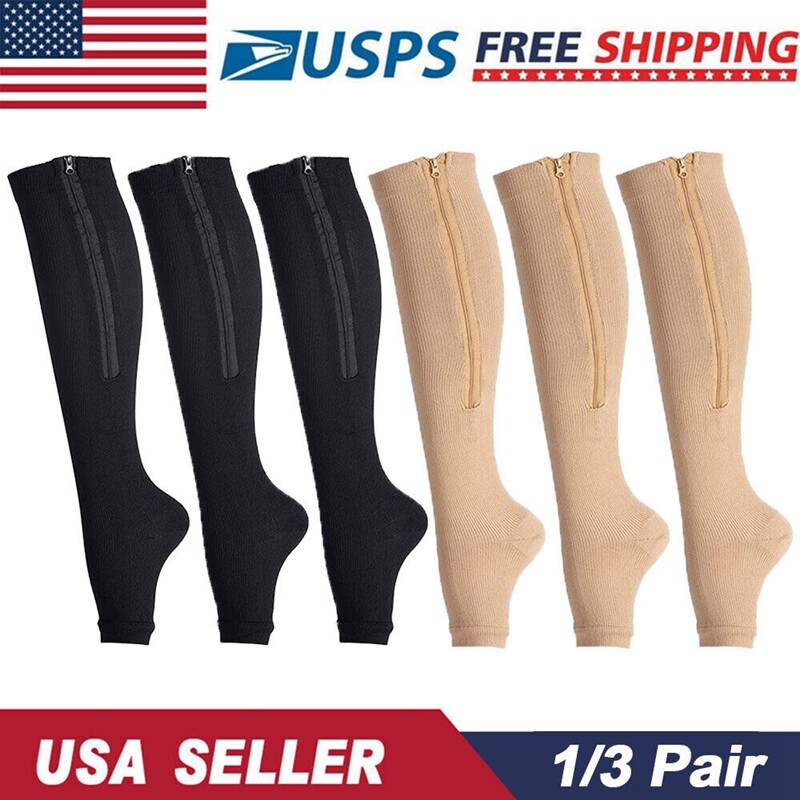 Zipper Open Toe Stockings Performance Compression Socks 20-30 mmgh Below Knee US