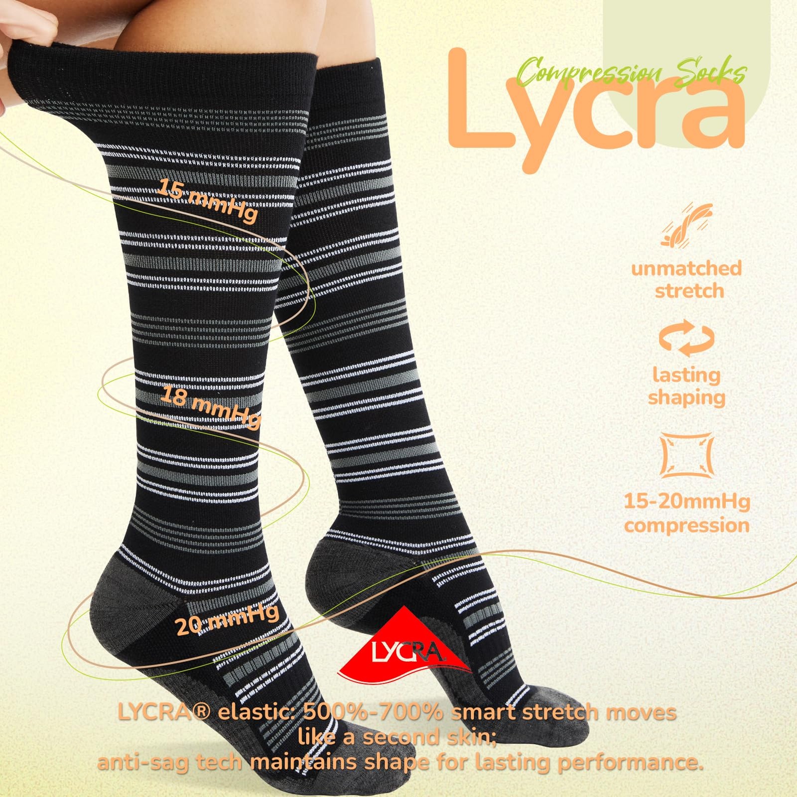Merino Wool Compression Socks 15~20 mmHg for Women & Men, L/XL Black/White/Gray