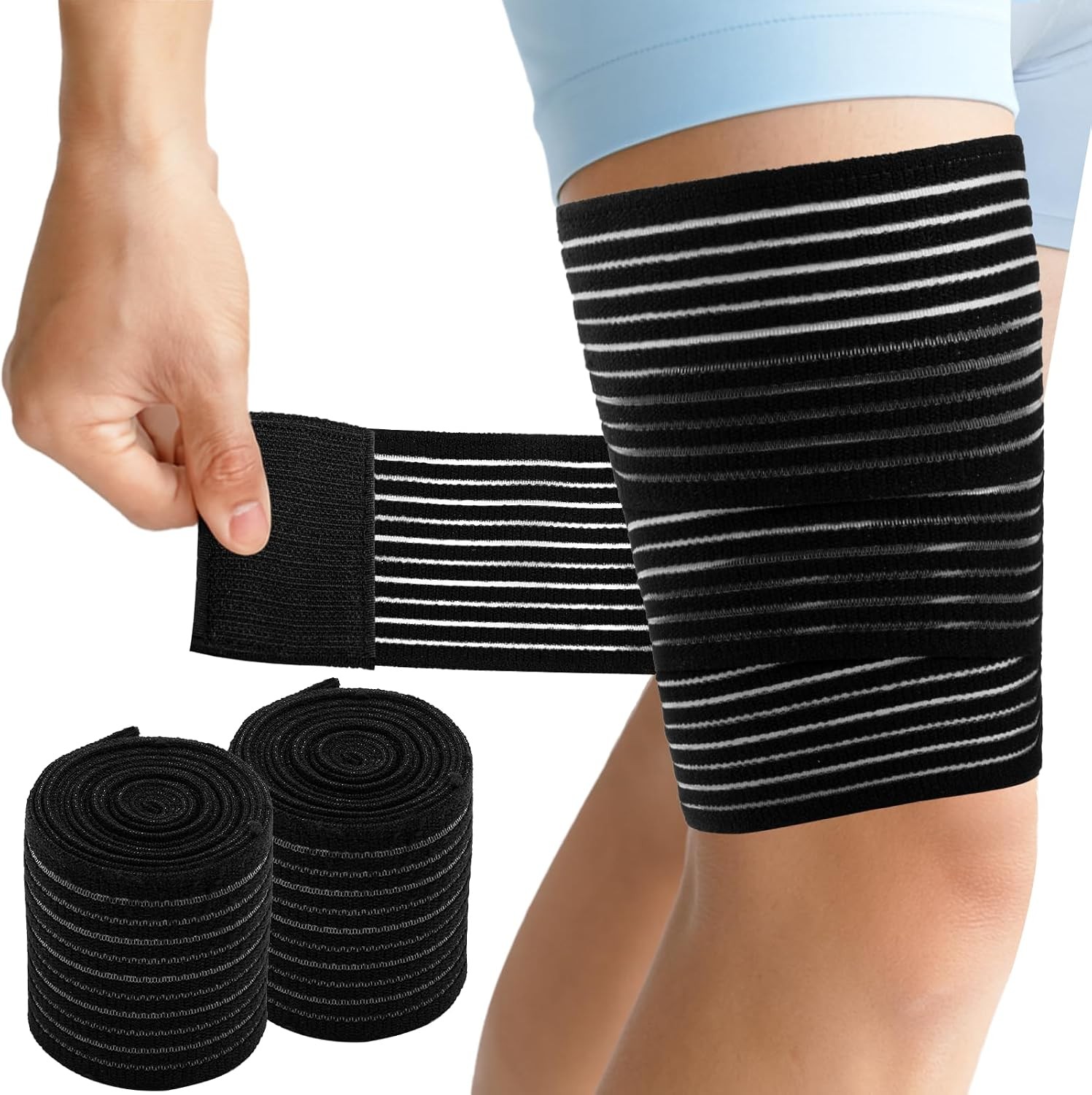 2 PCS Thigh Hamstring Compression Sleeve Black 200Cm x 8Cm Nylon-Lycra Blend