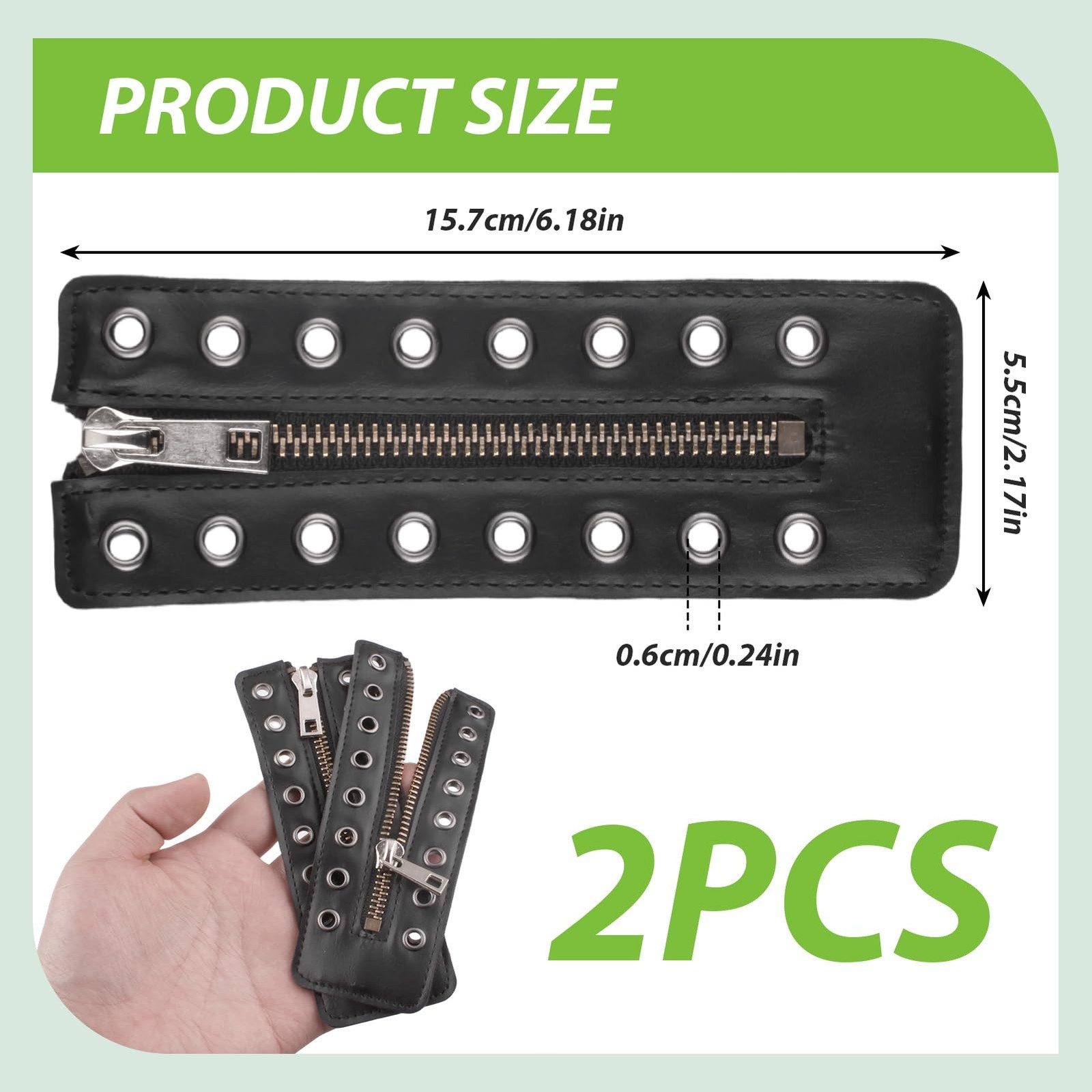 2 Pcs Boot Zipper Inserts, PU Leather Lace-In Zippers | 8 Metal Eyelet Copper