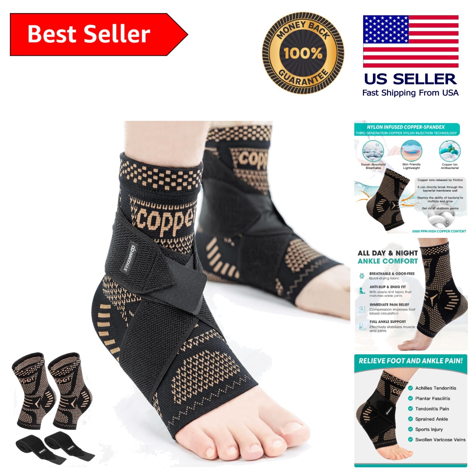 Sports-Ready Copper Ankle Brace 2 Pack – Relief for Sprains & Plantar Fasciitis