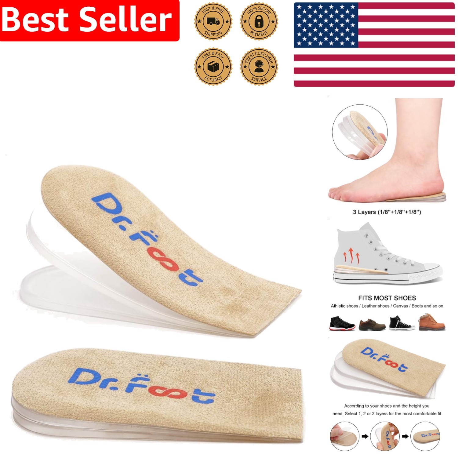 Durable Heel Lift Inserts Leg Length Correction Plantar Fasciitis Painful Spurs
