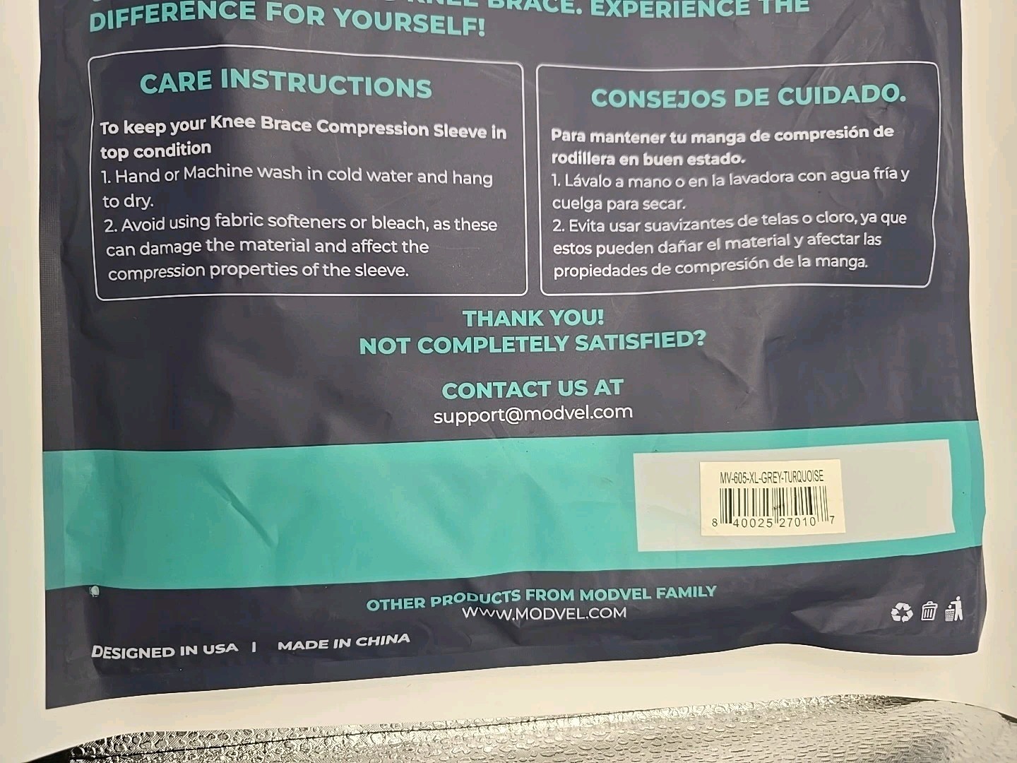 MODVEL MV-605 Knee Compression Sleeve Brace Pair XL Gray Turquoise 2 Pack