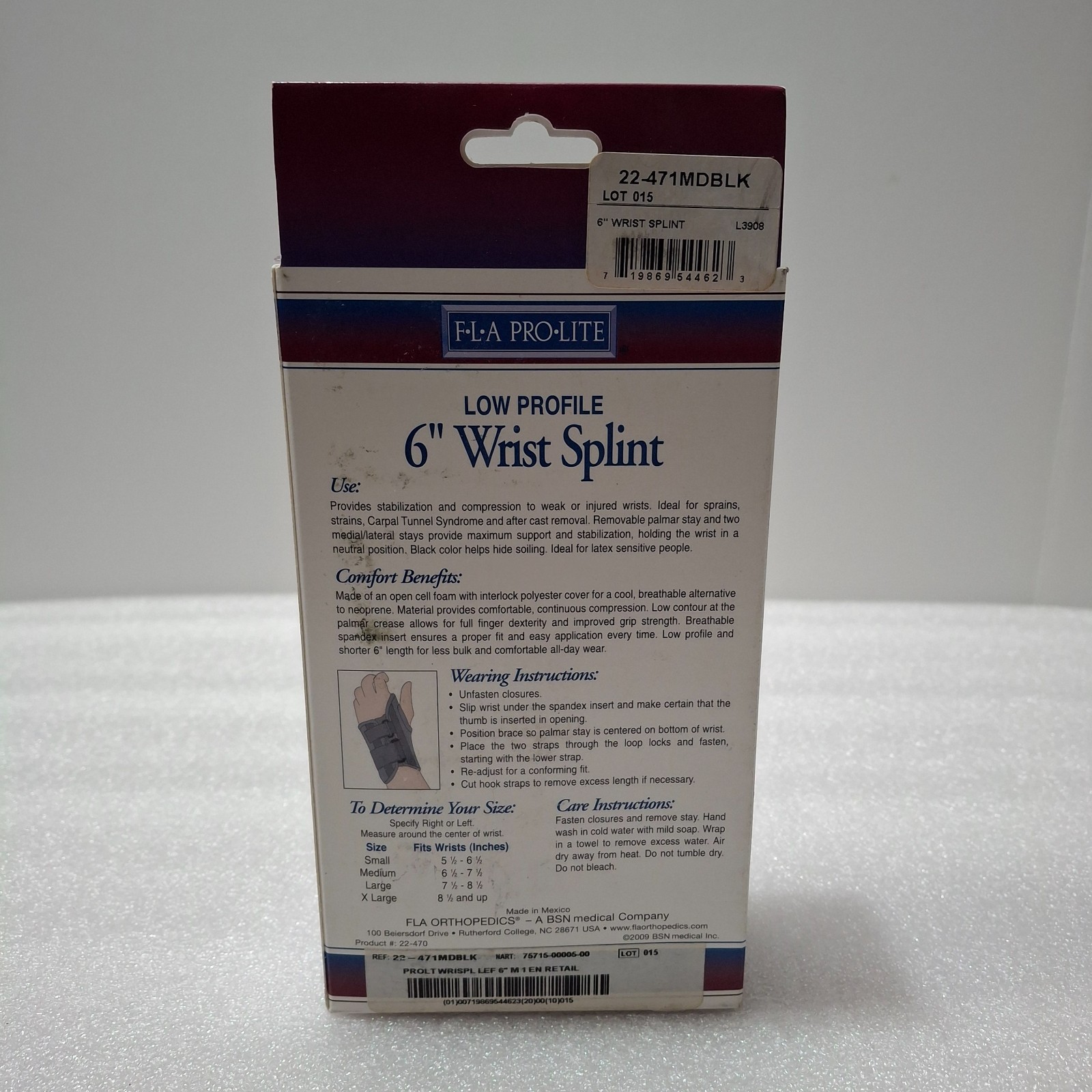 FLA Low Profile 6″ Wrist Splint Left Hand Black Medium New In Box