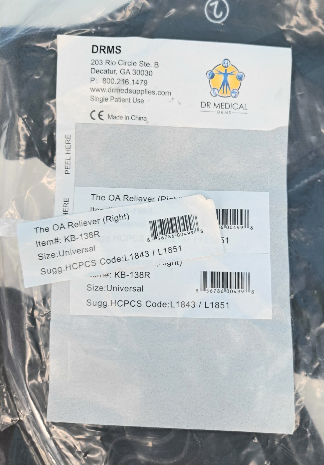 Dr. Medical DRMS The OA Reliever Right Knee Brace KB-138R Universal Open Bag