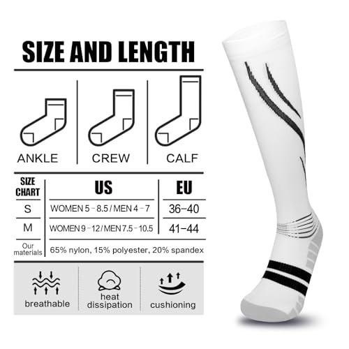 Compression Socks for Men & Women, Light Support Athletic 5-8.5 Black + White