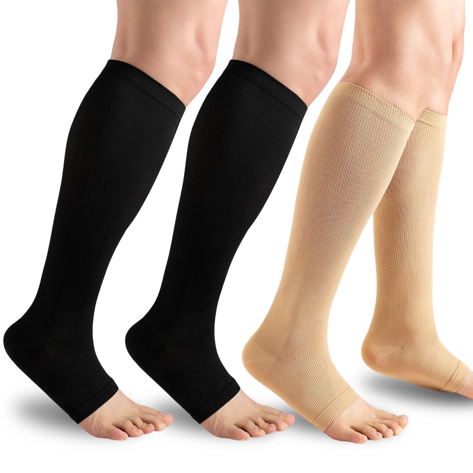 3 Pairs Open Toe Compression Socks for Men & Women – 15-20 mmhg Knee High Sto…