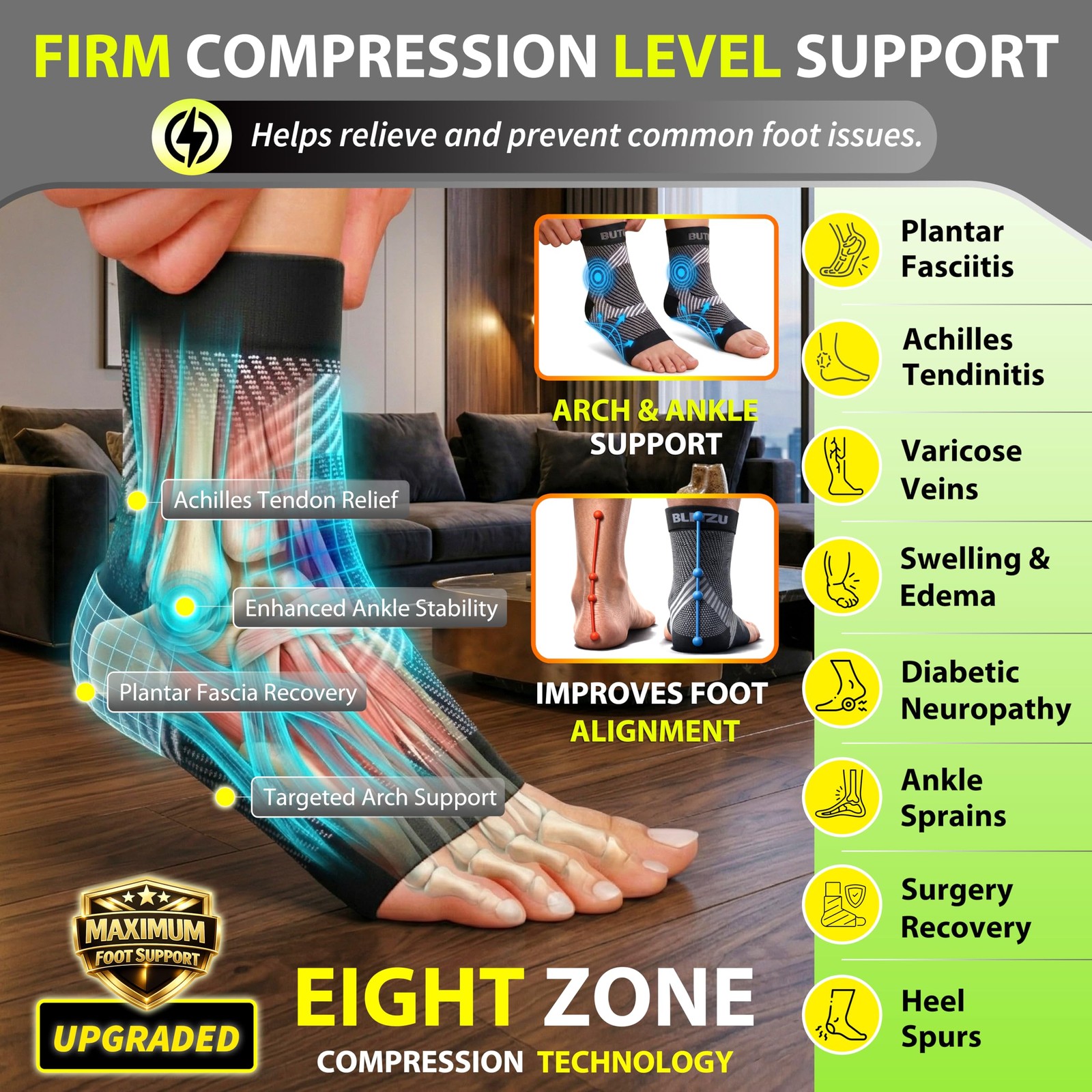 BLITZU Compression Socks for Plantar Fasciitis, Small/Medium (1 Pair), Black