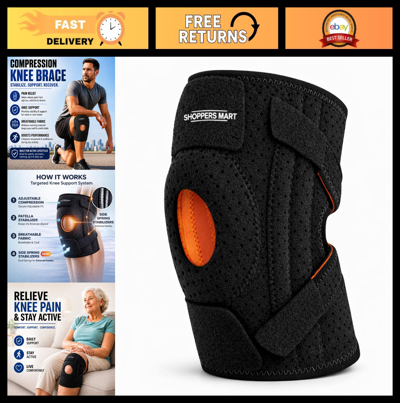 Adjustable Open Patella Knee Brace with Side Stabilizers – Compression Support f