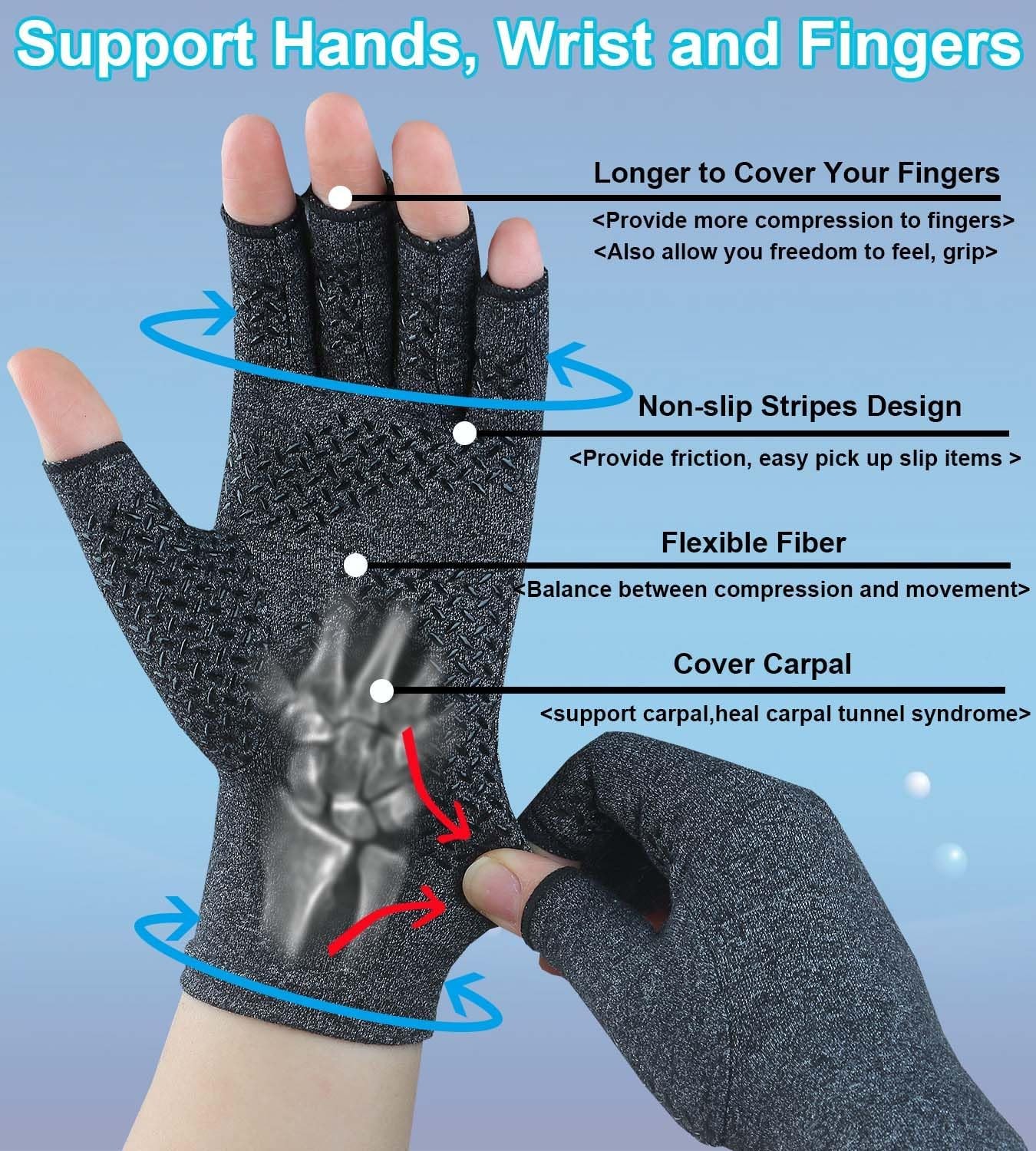 4 Pair Compression Gloves for Carpal Tunnel Pain Fingerless Arthritis Hand Glove