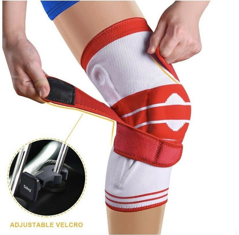 Knee Compression Sleeve Brace w Side Stabilizers, Patella Gel Pads (MEDIUM, Red)