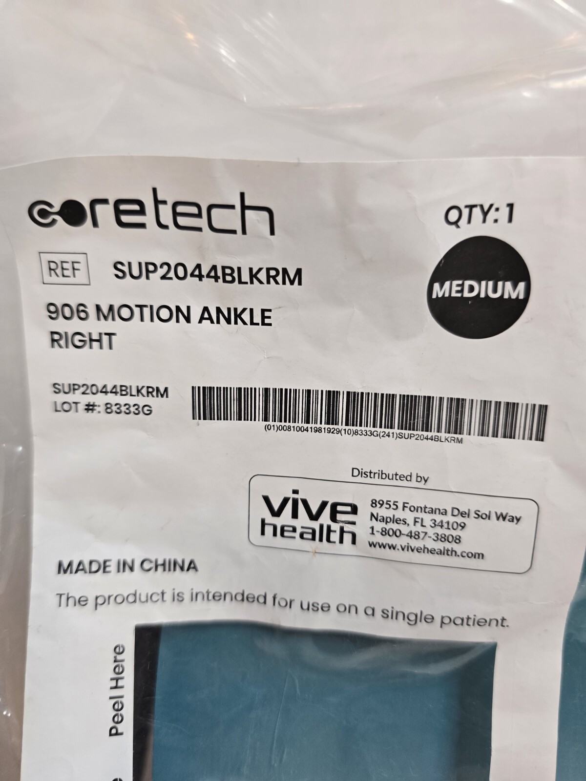 New! Coretech 906 Motion Right Ankle Size Medium SUP2044BLKRM Vive Health
