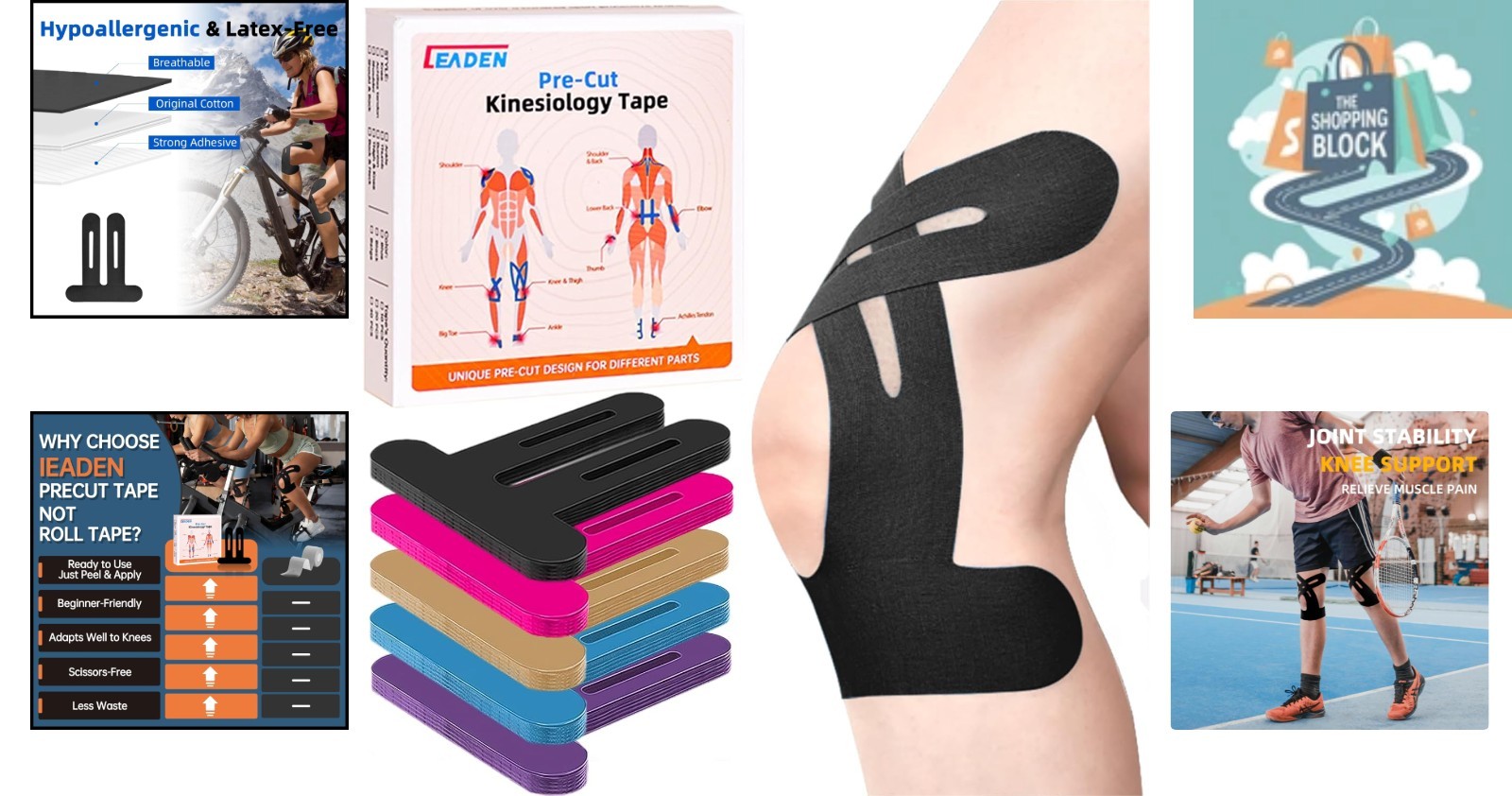 Precut Black Kinesiology Tape for Knees, 10 Pcs, Waterproof & Breathable