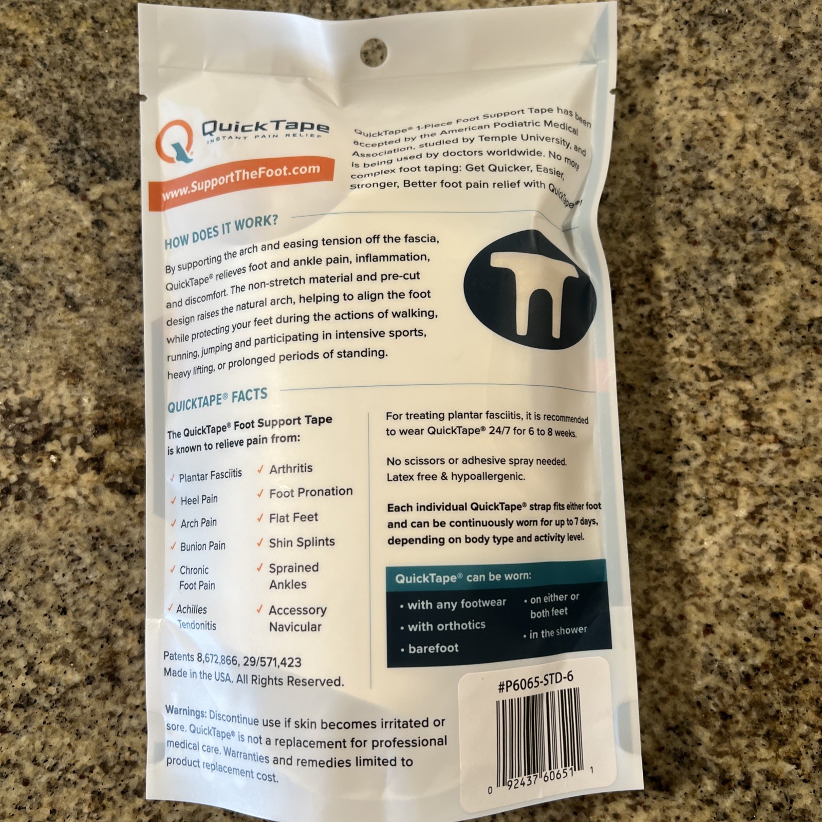 QuickTape Plantar Fasciitis Foot Support Tape Instant Pain Relief System 6/PK
