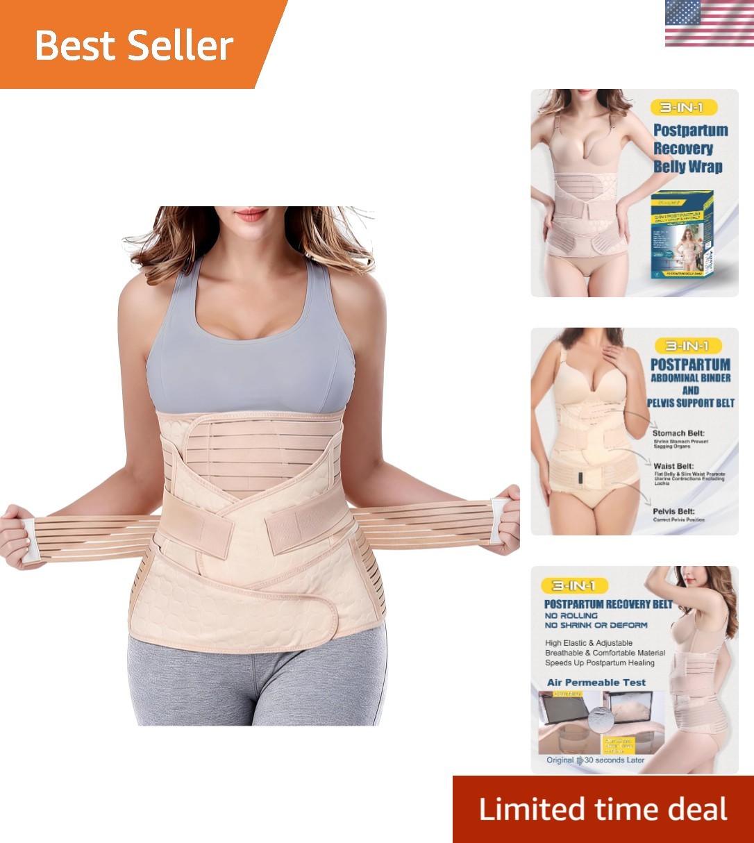 Adjustable Postpartum Support Girdle – Breathable, Size L, Beige, Comfort Fit