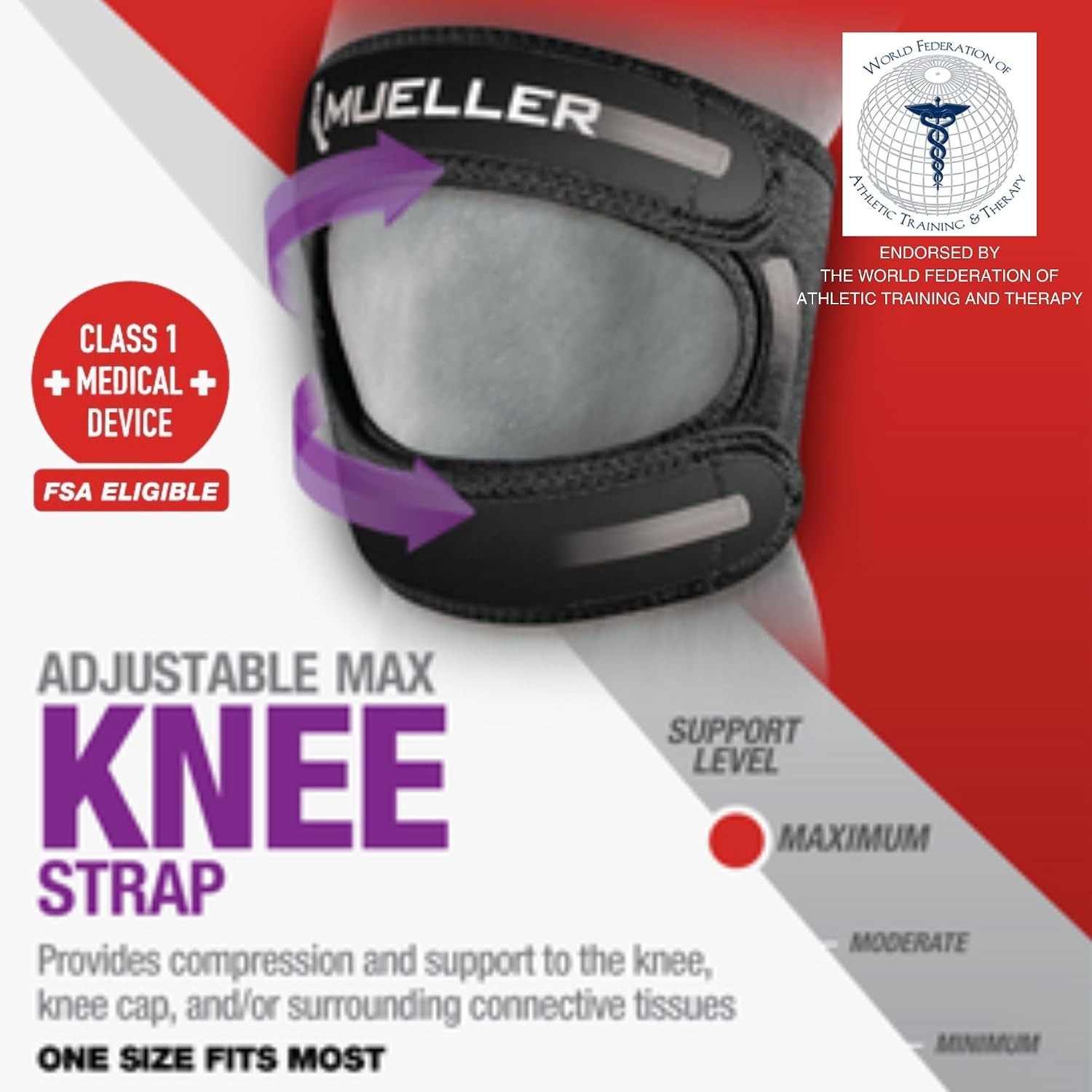Knee Strap Compression Support Adjustable One Size for Pain Relief Black