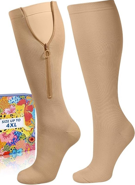 Adjustable Zip-Up Compression Socks 15-30mmHg – Closed Toe – Beige – Sm/Med