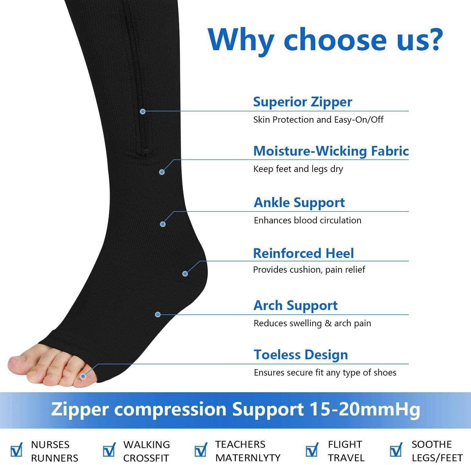 1 Pair Zip-Up Compression Socks Knee-High Leg Support S-2XL Unisex Leg Supporet