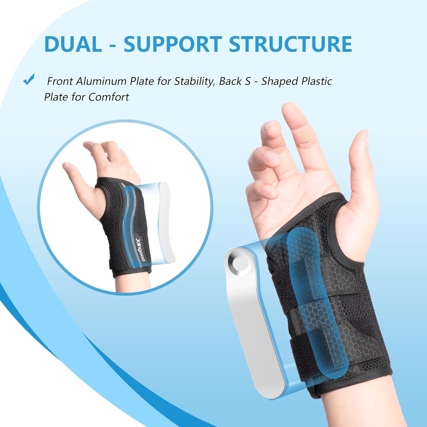 Carpal Tunnel Wrist Brace with Wrist Support – Light Gray on Black, Right, Large